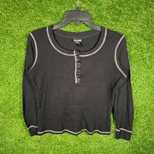 Joe Boxer Mens Medium Black Pink Contrast Stitch Waffle Knit Henley Top